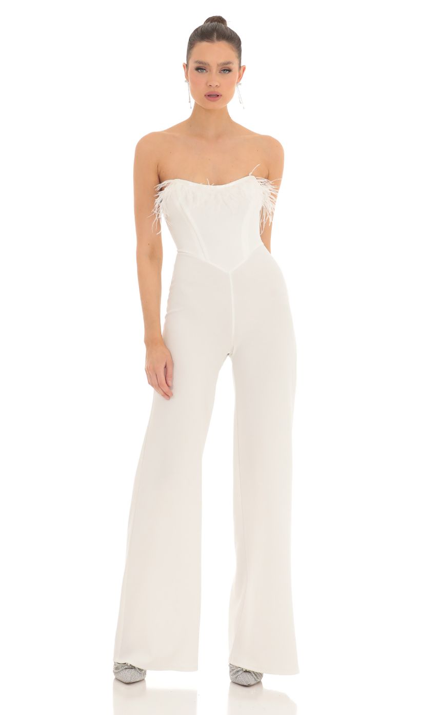 Picture Femi Feather Strapless Corset Jumpsuit in White. Source: https://media-img.lucyinthesky.com/data/Feb23/850xAUTO/48931f25-d77f-46ec-92e0-1d82623af09a.jpg