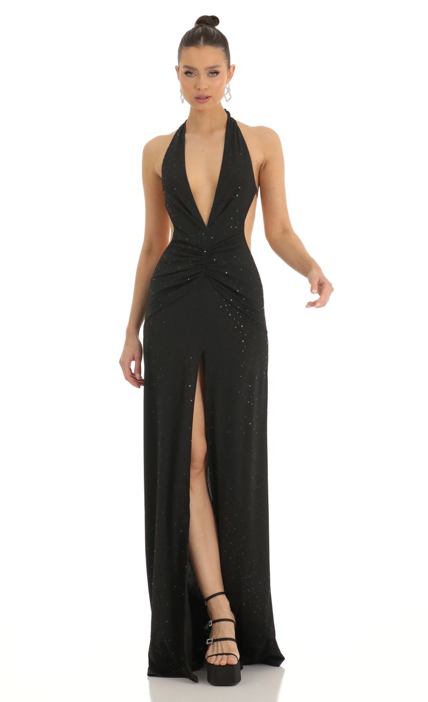 Picture Shimmer Front Slit Open Back Maxi Dress in Black. Source: https://media-img.lucyinthesky.com/data/Feb23/850xAUTO/5516796a-a420-4e62-9e6d-c1888578d695.jpg