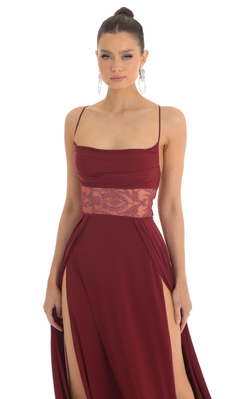 Picture Floral Waist Slit Maxi Dress in Dark Red. Source: https://media-img.lucyinthesky.com/data/Feb23/850xAUTO/57191c01-bbee-4640-a51f-71443cfe74bb.jpg