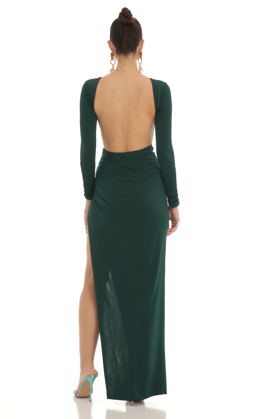 Picture Open Back Maxi Dress in Green. Source: https://media-img.lucyinthesky.com/data/Feb23/850xAUTO/62fe912c-fa52-4f14-8110-c3ae457147e1.jpg