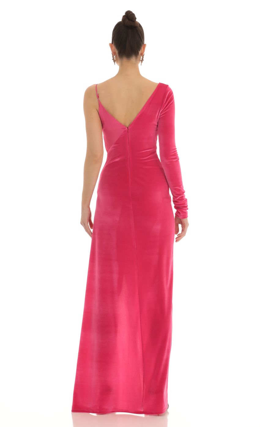 Picture Tomia Asymmetrical Velvet Maxi Dress in Pink. Source: https://media-img.lucyinthesky.com/data/Feb23/850xAUTO/68408657-dde7-4703-afe6-987142e1185c.jpg
