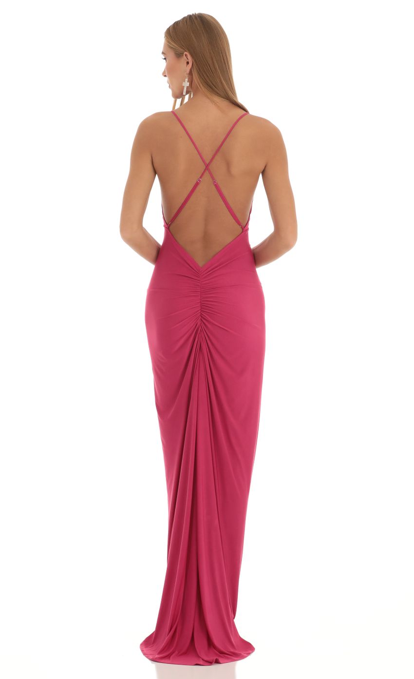Picture Gathered Cross Back Maxi Dress in Hot Pink. Source: https://media-img.lucyinthesky.com/data/Feb23/850xAUTO/69c186c8-78b5-4513-bcf9-65269e19761e.jpg