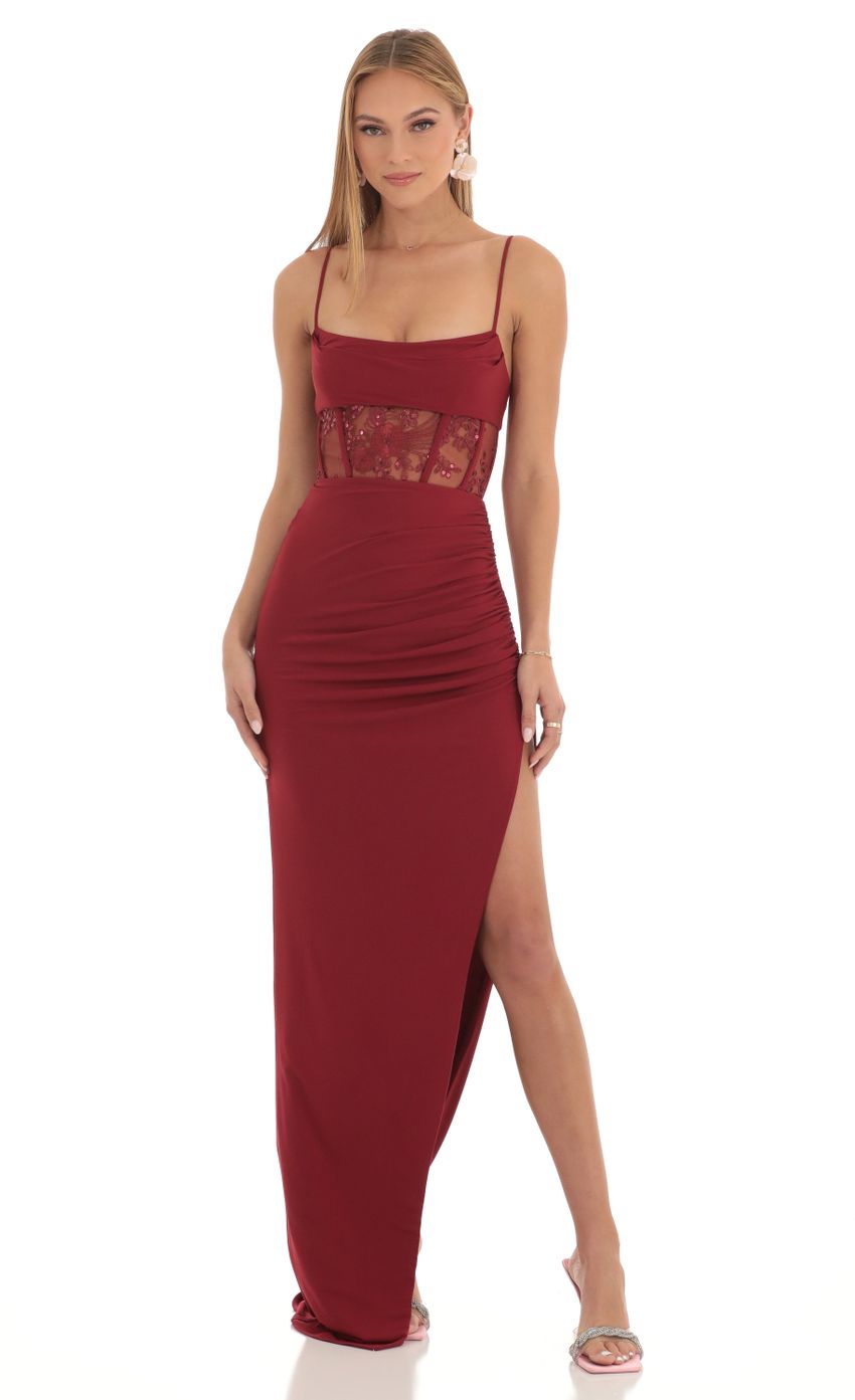Picture Sequin Mesh Corset Cowl Maxi Dress in Maroon. Source: https://media-img.lucyinthesky.com/data/Feb23/850xAUTO/6c07824d-a817-431b-9aba-b6fe7ff9a578.jpg