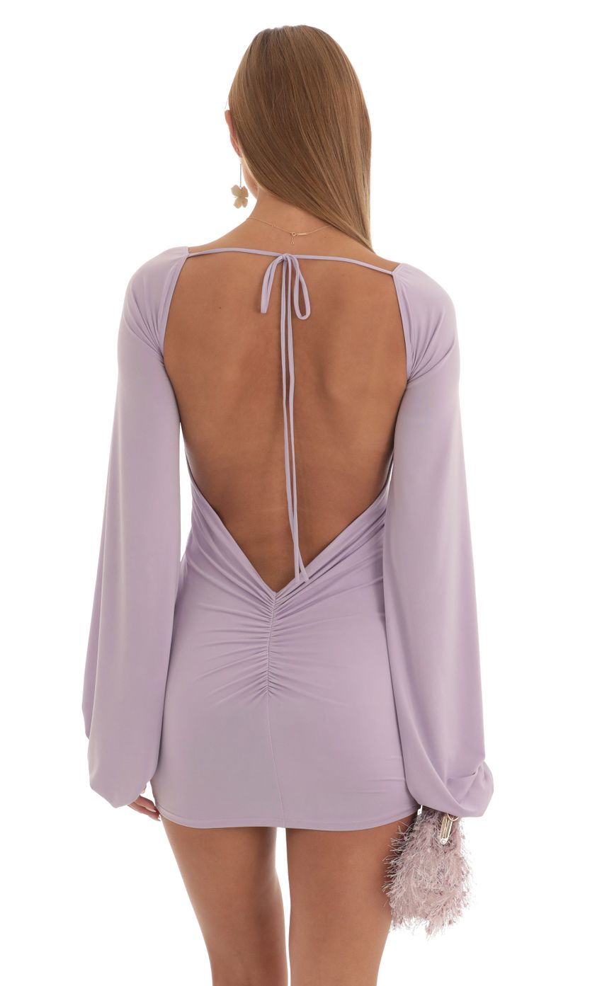 Picture Ruched Open Back Dress in Purple. Source: https://media-img.lucyinthesky.com/data/Feb23/850xAUTO/6caed53d-faf9-4b0a-82b7-d8c5d0ccc0c8.jpg