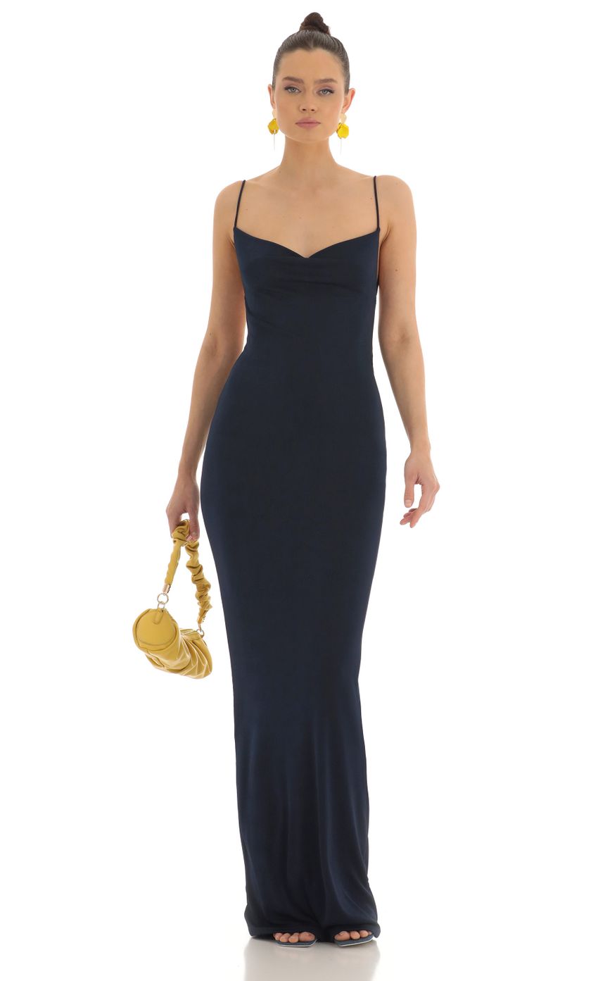 Picture Draped Back Maxi Dress in Navy. Source: https://media-img.lucyinthesky.com/data/Feb23/850xAUTO/6fff02fc-84ab-4d56-9a5d-92e388fdf972.jpg
