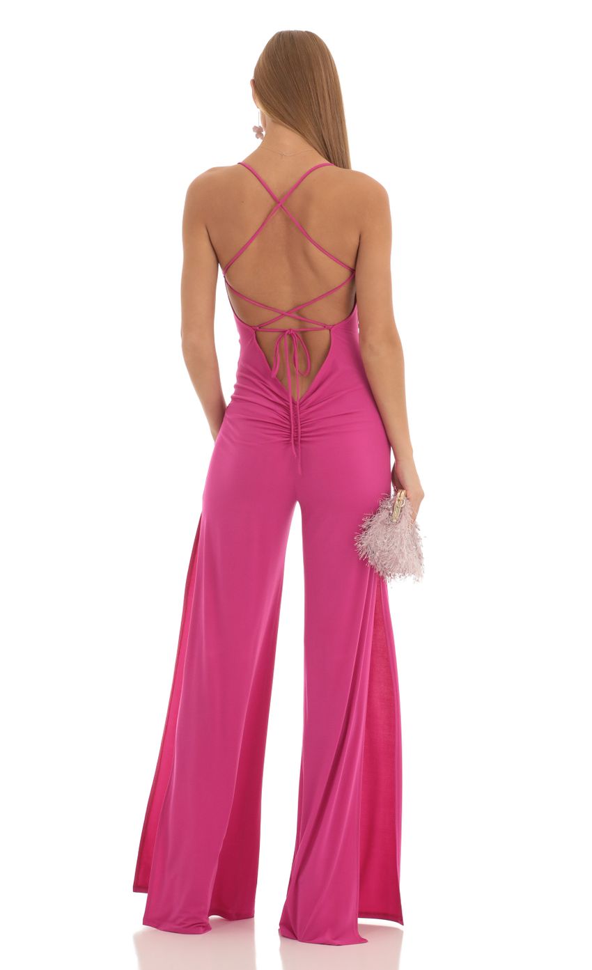 Picture Ruched Sweetheart Bust Slit Jumpsuit in Fuchsia. Source: https://media-img.lucyinthesky.com/data/Feb23/850xAUTO/78254f38-08b1-461b-baa7-55f344c8b547.jpg