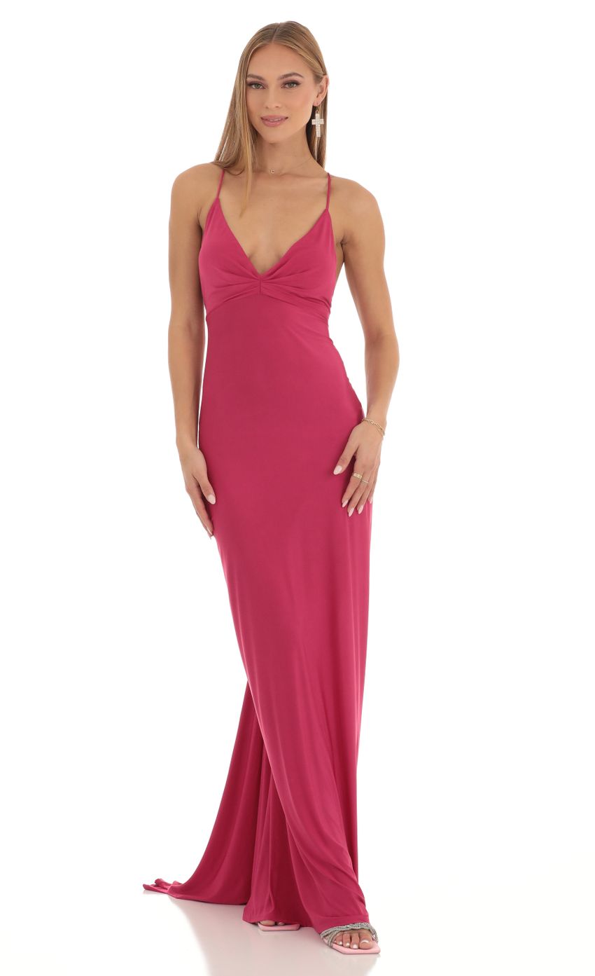Picture Gathered Cross Back Maxi Dress in Hot Pink. Source: https://media-img.lucyinthesky.com/data/Feb23/850xAUTO/7a152fd4-713a-4ce7-9f2f-525c5f42fb03.jpg