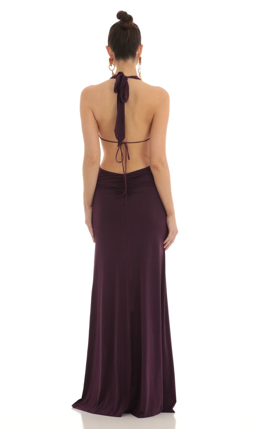 Picture Front Slit Open Back Maxi Dress in Purple. Source: https://media-img.lucyinthesky.com/data/Feb23/850xAUTO/7cfe7cef-1340-4974-aa0b-2a1d76483ec6.jpg