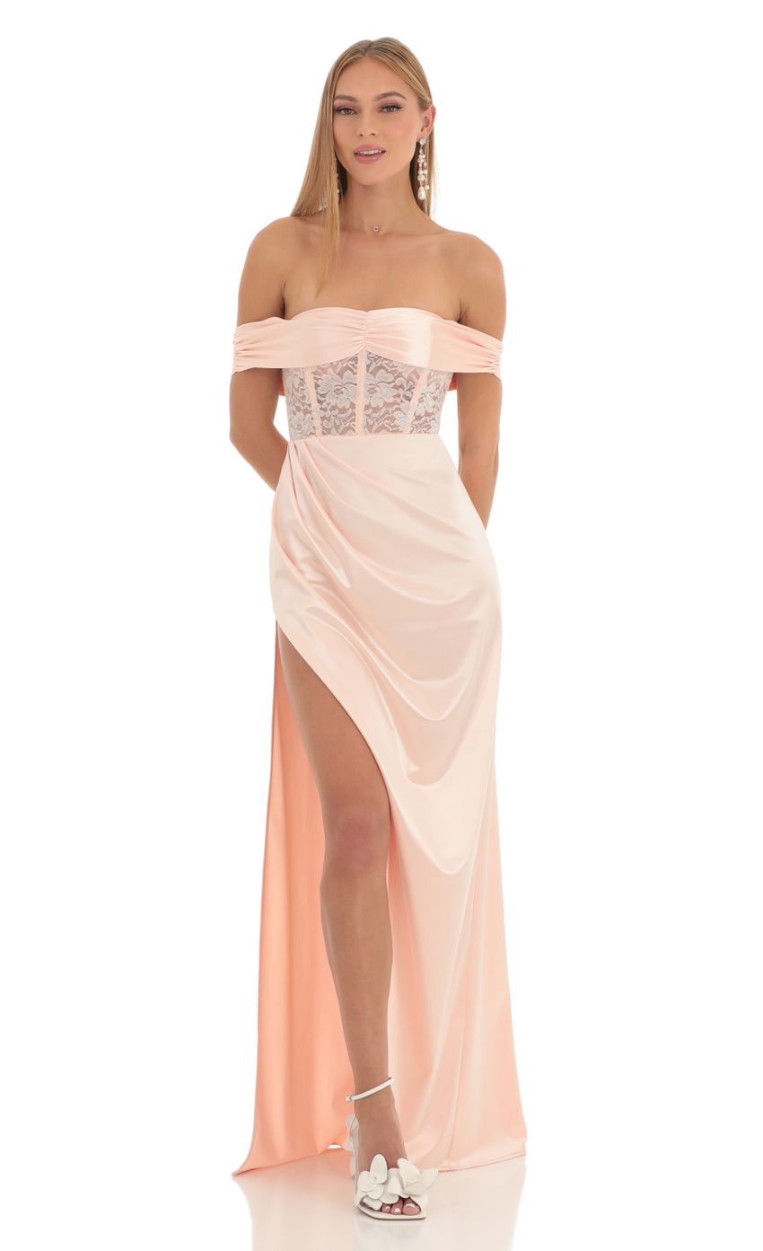 Picture Satin Off Shoulder Lace Corset Dress in Peach. Source: https://media-img.lucyinthesky.com/data/Feb23/850xAUTO/7da87a7e-7cd4-4617-a2d6-f39e01f8bc7a.jpg