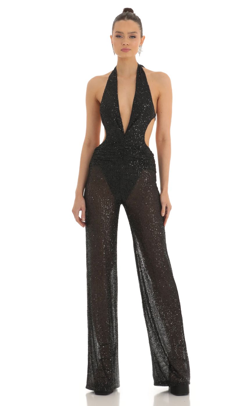 Picture Sequin Plunge Halter Jumpsuit in Black. Source: https://media-img.lucyinthesky.com/data/Feb23/850xAUTO/86cd3daa-5cc7-4033-a609-47a679785437.jpg