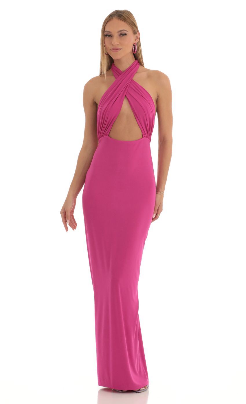 Picture Front Cross Halter Maxi Dress in Pink. Source: https://media-img.lucyinthesky.com/data/Feb23/850xAUTO/8aa98719-0bf1-4218-9761-c519b4c3b6e0.jpg