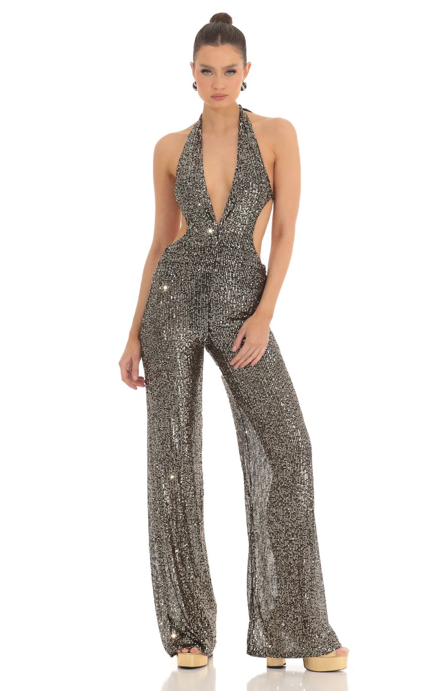 Picture Sequin Plunge Halter Jumpsuit in Gold. Source: https://media-img.lucyinthesky.com/data/Feb23/850xAUTO/8cfd1ff3-167a-454d-a90c-17c0cd9de494.jpg