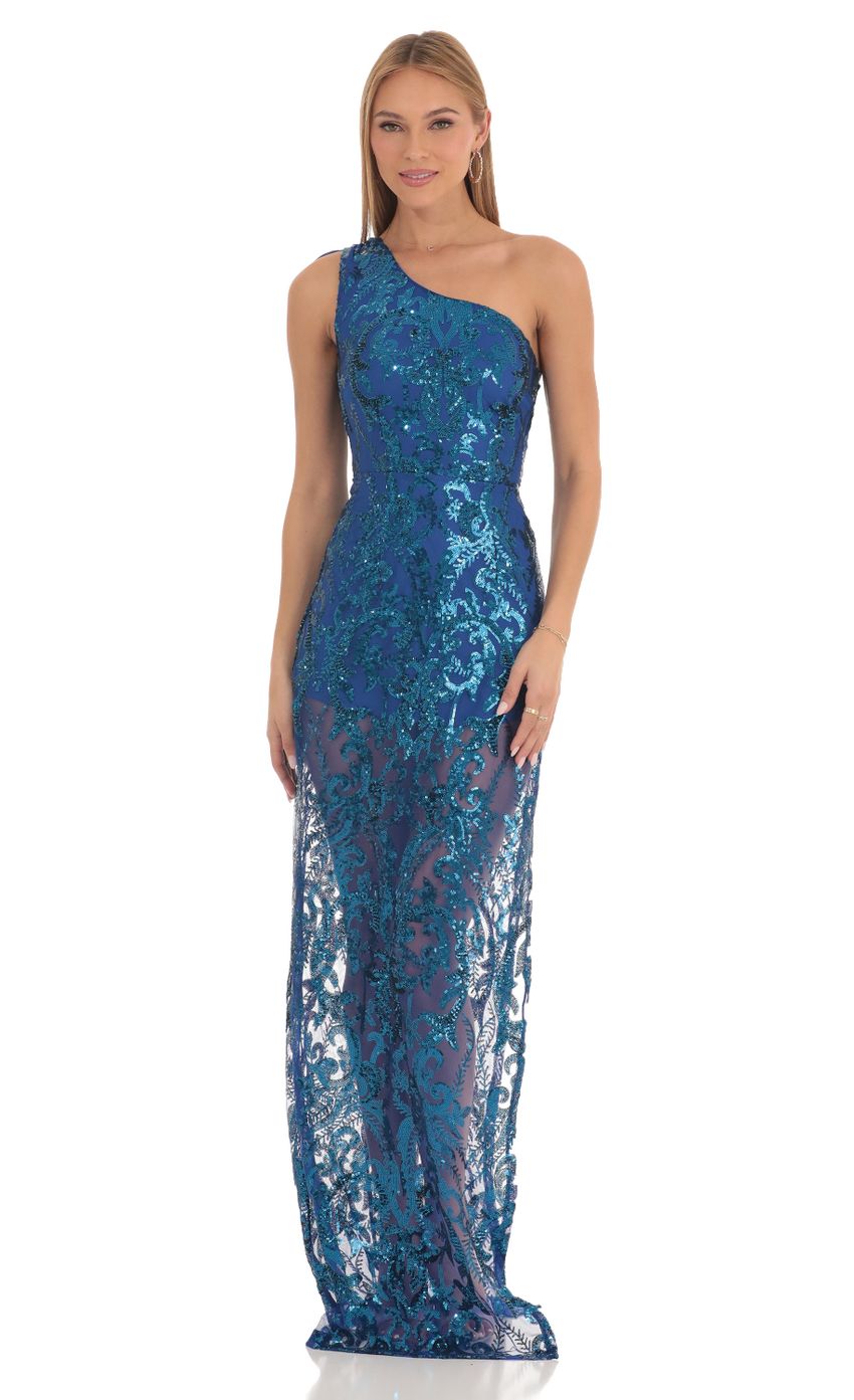 Picture Sequin One Shoulder Maxi Dress in Blue. Source: https://media-img.lucyinthesky.com/data/Feb23/850xAUTO/982e06bd-c12f-4bee-9d9c-9d1012924b06.jpg