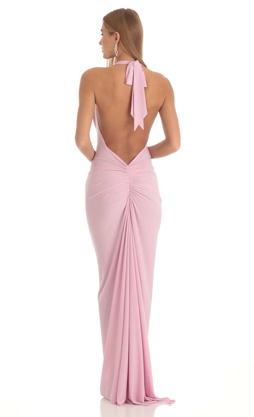 Picture Gathered Back Halter BodyCon Maxi Dress in Pink. Source: https://media-img.lucyinthesky.com/data/Feb23/850xAUTO/9a31444d-c27a-4d66-9a62-ac85aba68be1.jpg