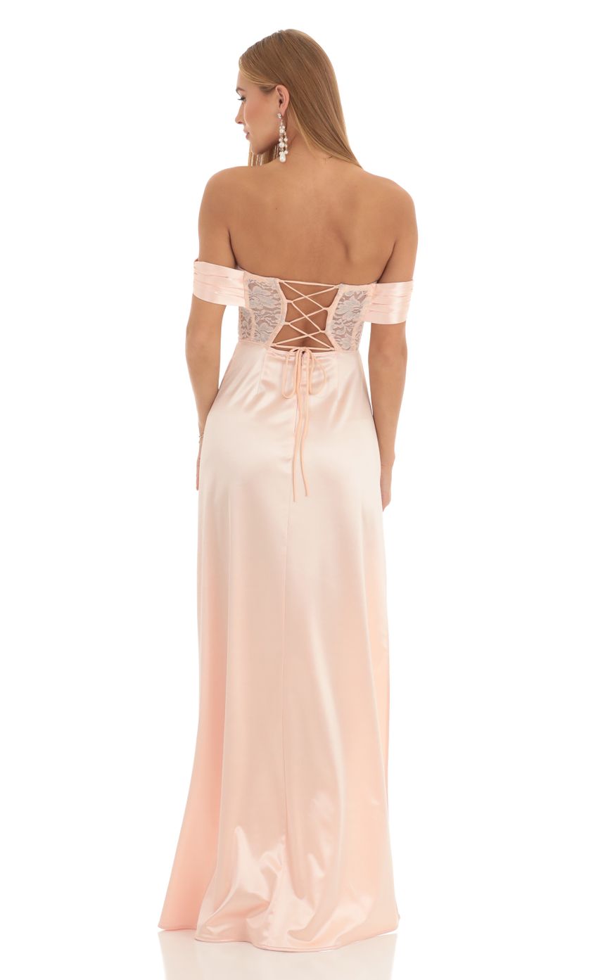 Picture Satin Off Shoulder Lace Corset Dress in Peach. Source: https://media-img.lucyinthesky.com/data/Feb23/850xAUTO/9b9b4a95-5725-4175-9c5c-a71cbfab5997.jpg