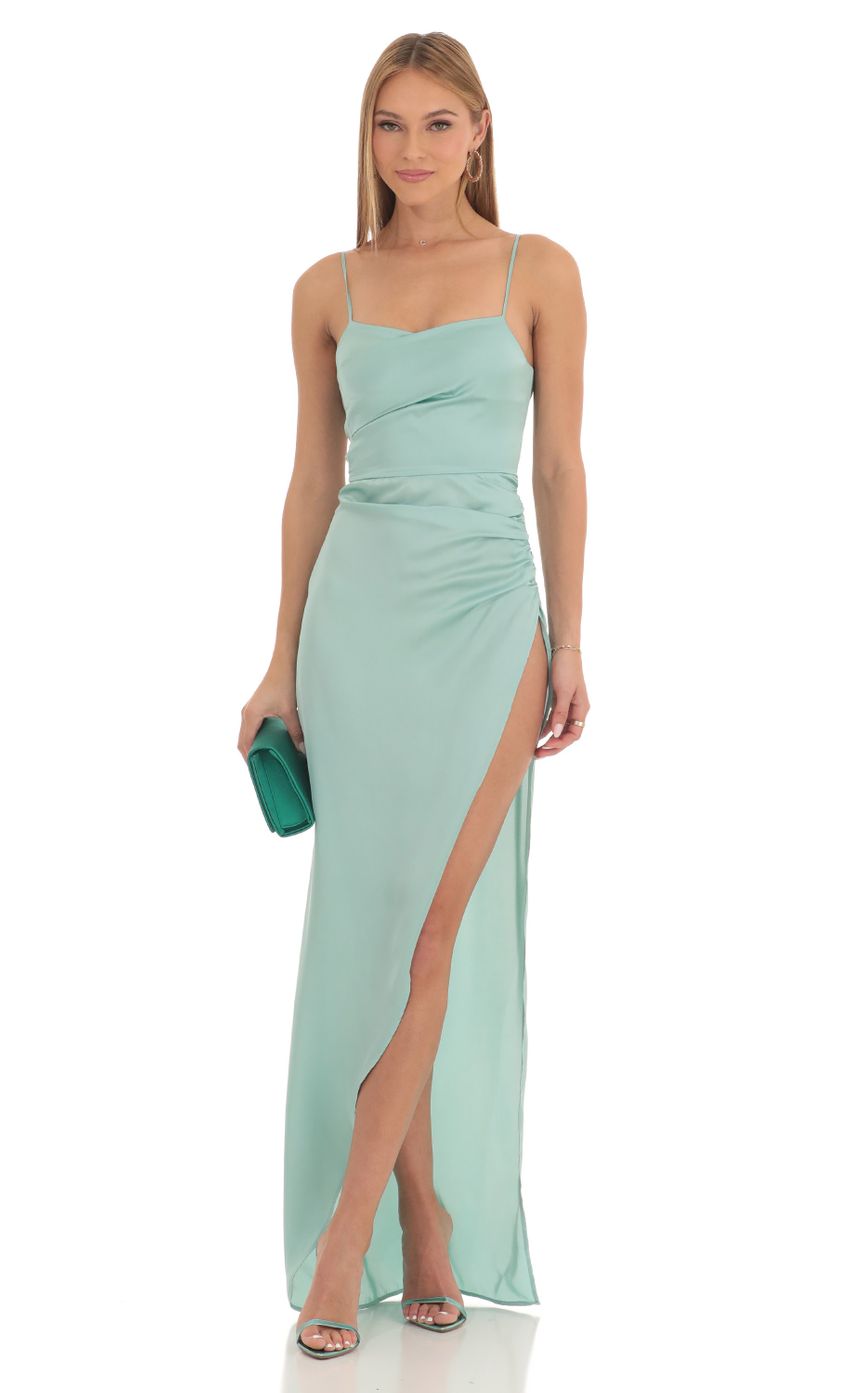 Picture Satin Draped High Slit Maxi Dress in Mint Green. Source: https://media-img.lucyinthesky.com/data/Feb23/850xAUTO/9cd11f12-0e4e-4056-a20c-c5b5d8b95ff6.jpg