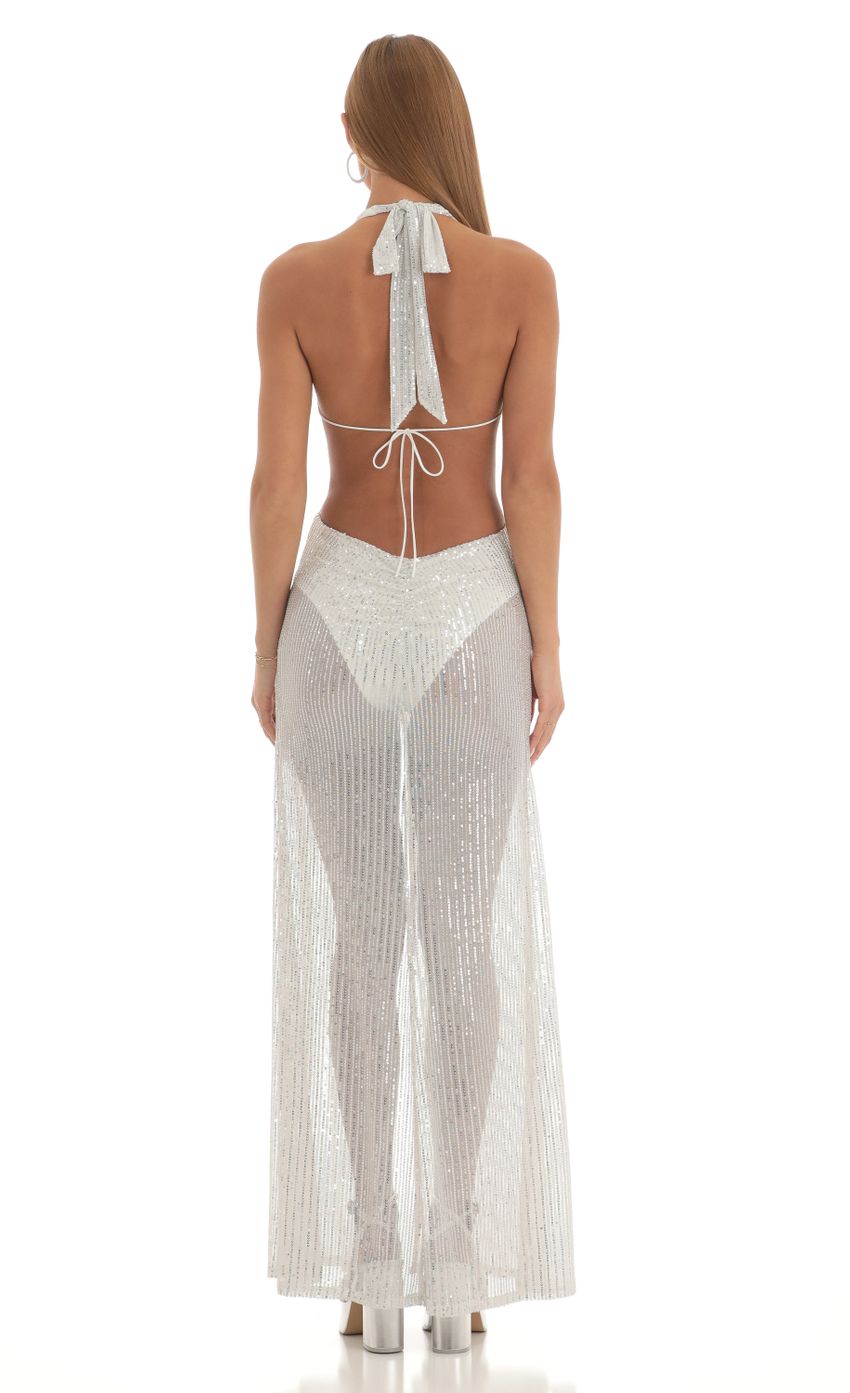 Picture Silver Sequin Halter Maxi Dress in White. Source: https://media-img.lucyinthesky.com/data/Feb23/850xAUTO/a413ef02-130f-41e2-8067-f0398fa926bc.jpg