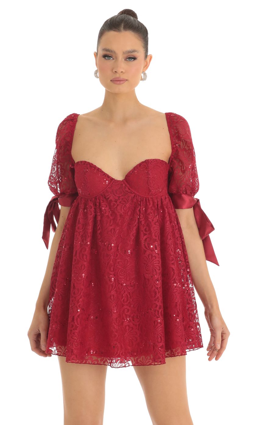 Product image for Maia Sequin Lace Baby Doll Dress in Red
