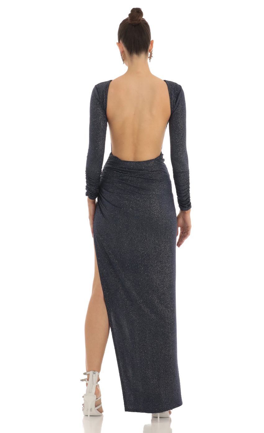 Picture Glitter Open Back Maxi Dress in Navy. Source: https://media-img.lucyinthesky.com/data/Feb23/850xAUTO/ae7e2661-7248-4b2f-a521-1f30f175fb98.jpg