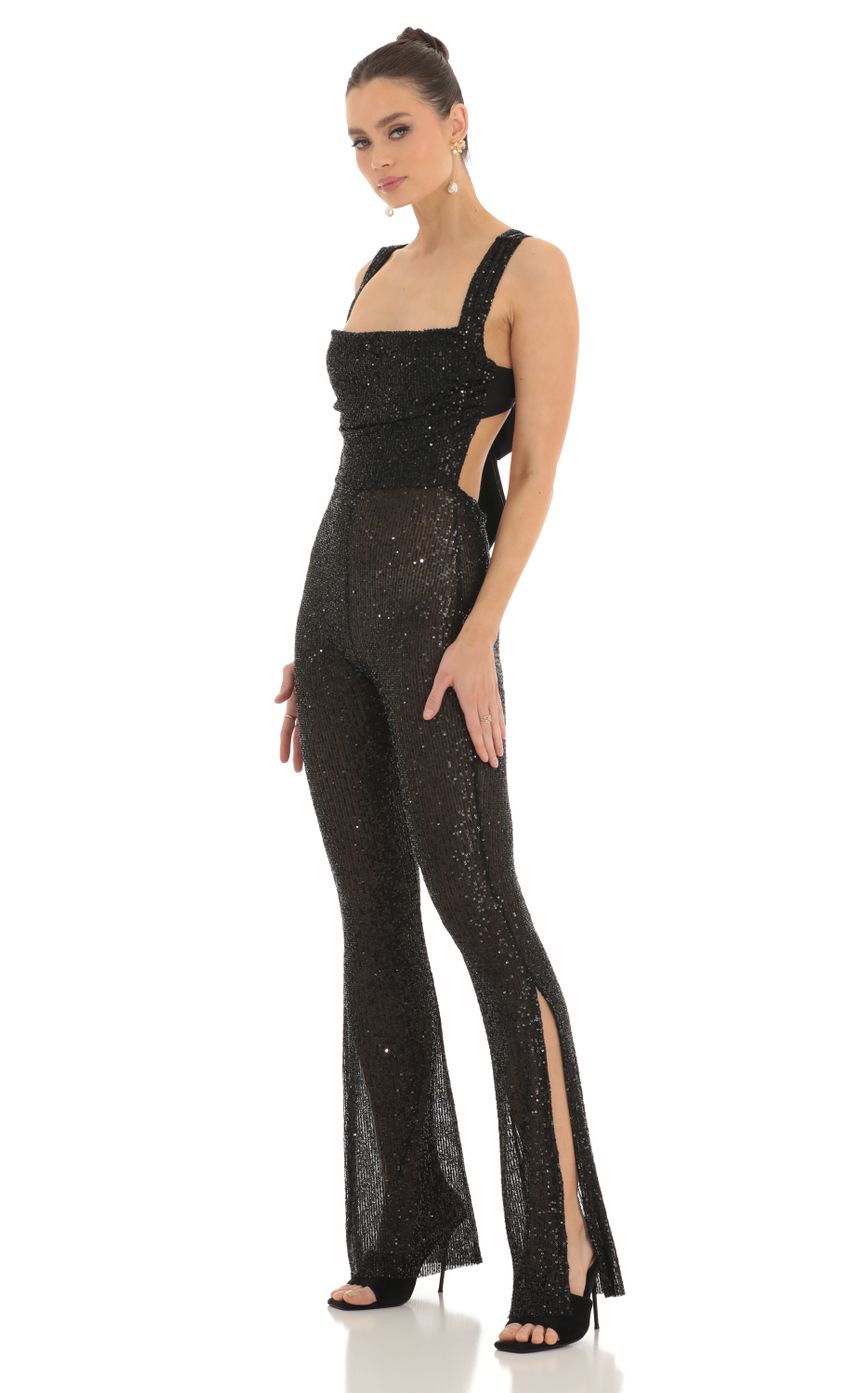 Picture Sequin Back Bow Tie Slit Jumpsuit in Black. Source: https://media-img.lucyinthesky.com/data/Feb23/850xAUTO/b47261d6-ec6e-4ebe-b346-8e5feba20afe.jpg