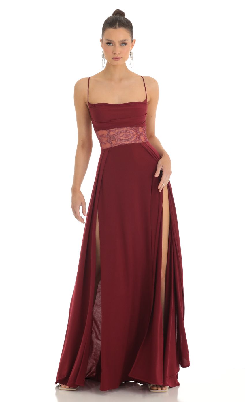 Picture Floral Waist Slit Maxi Dress in Dark Red. Source: https://media-img.lucyinthesky.com/data/Feb23/850xAUTO/b5aafe30-061b-4f02-b210-9cbd3b41773d.jpg