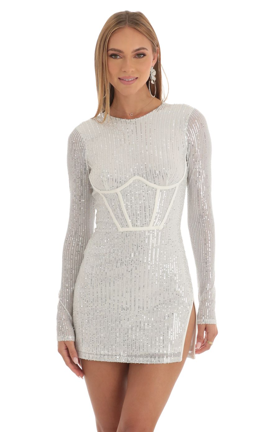 Picture Saint Sequin Corset Dress in White. Source: https://media-img.lucyinthesky.com/data/Feb23/850xAUTO/c2576cef-2a22-491b-8eb1-4b8727047475.jpg