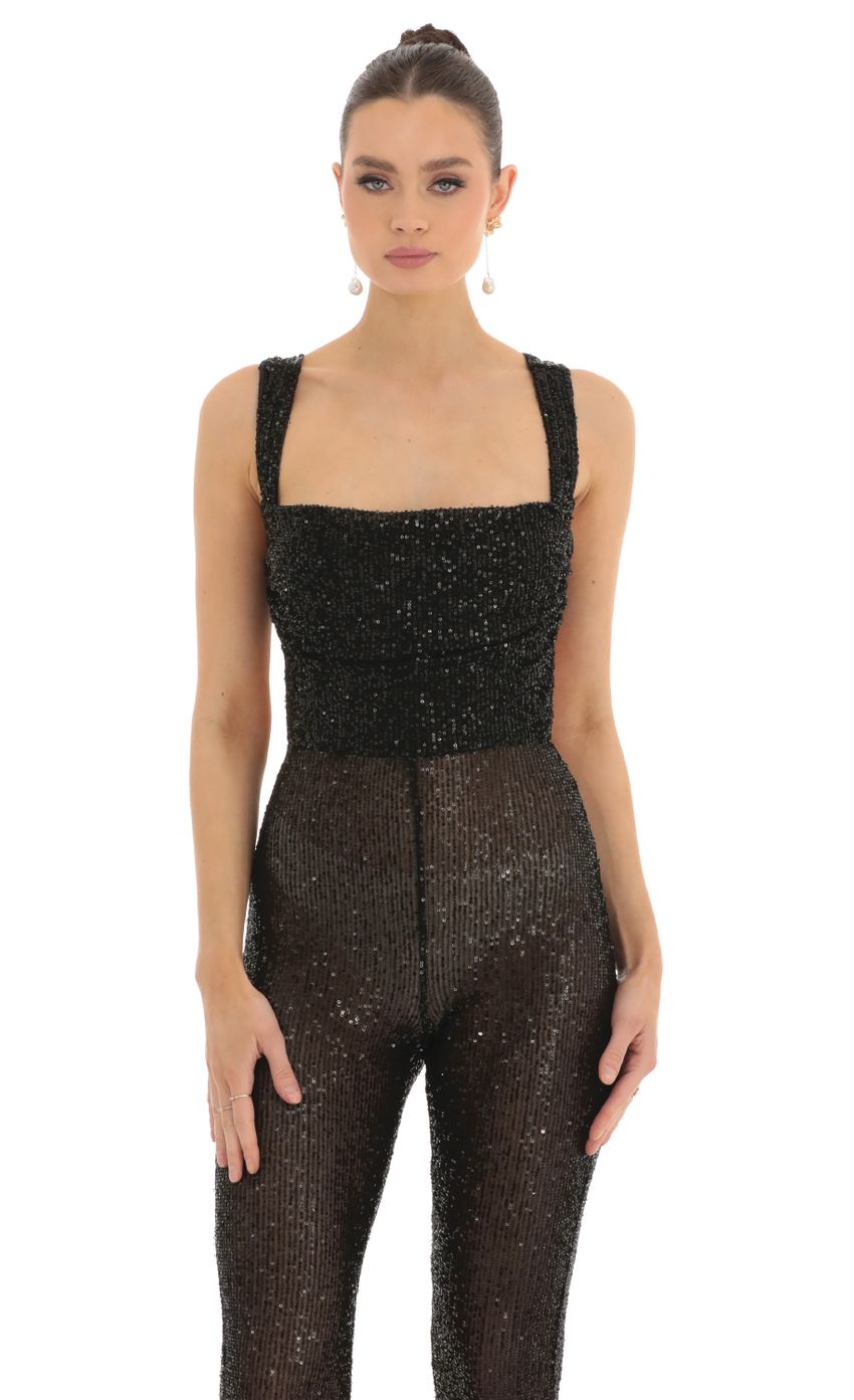 Picture Sequin Back Bow Tie Slit Jumpsuit in Black. Source: https://media-img.lucyinthesky.com/data/Feb23/850xAUTO/c574f226-9b3b-4ba0-8abf-4839cd9992a2.jpg