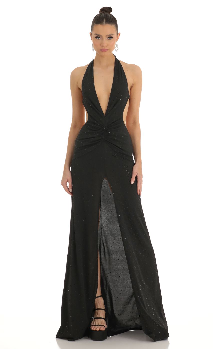 Picture Shimmer Front Slit Open Back Maxi Dress in Black. Source: https://media-img.lucyinthesky.com/data/Feb23/850xAUTO/de3f95c1-0516-4201-a823-36a8df957b6c.jpg