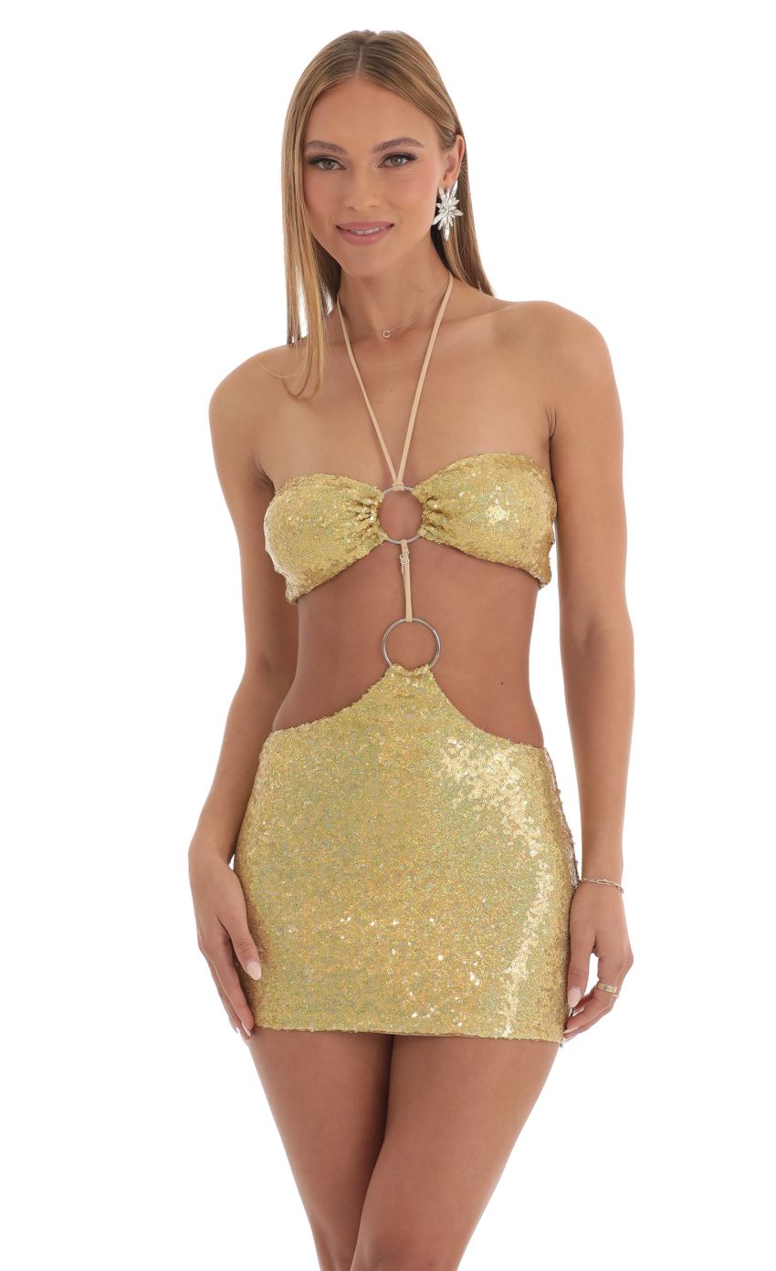 Picture Iridescent Sequin Halter Dress in Gold. Source: https://media-img.lucyinthesky.com/data/Feb23/850xAUTO/e3daf267-afc1-4a2a-a816-59081d578aca.jpg