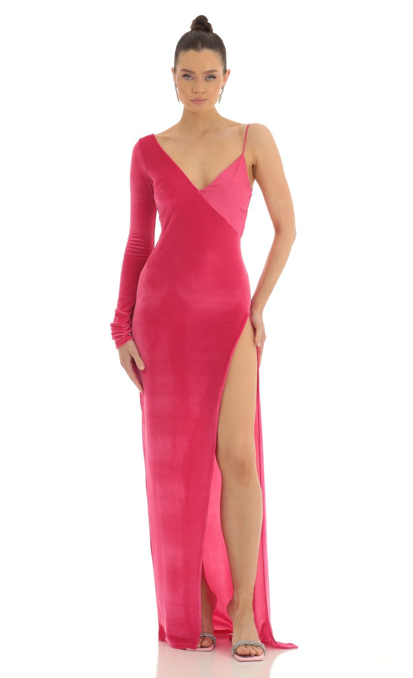 Picture Tomia Asymmetrical Velvet Maxi Dress in Pink. Source: https://media-img.lucyinthesky.com/data/Feb23/850xAUTO/e50f8d02-c957-4745-bcb4-375cfb3785c9.jpg
