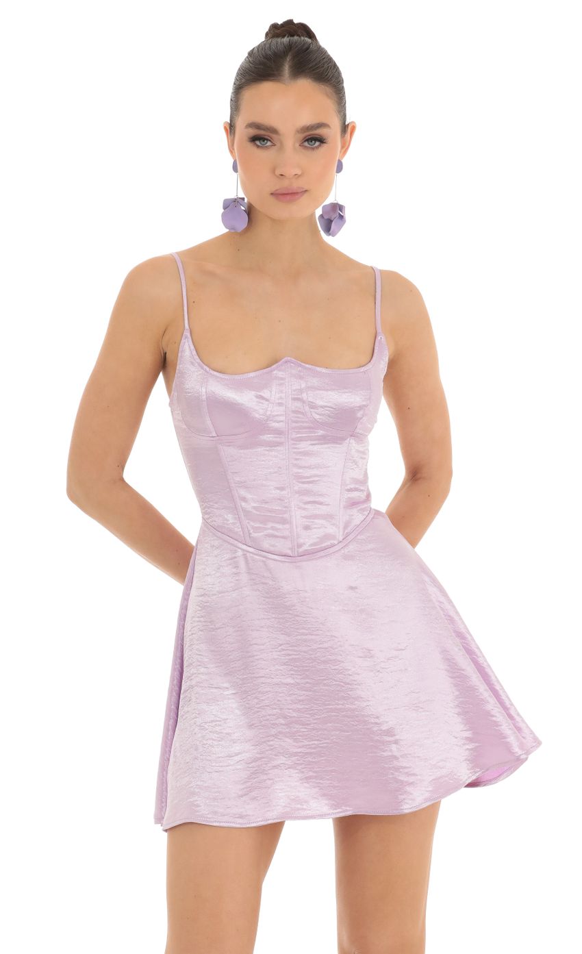 Picture Satin Corset Fit and Flare Dress in Lavender. Source: https://media-img.lucyinthesky.com/data/Feb23/850xAUTO/e689da39-a008-4853-bf4e-2915031a4cab.jpg