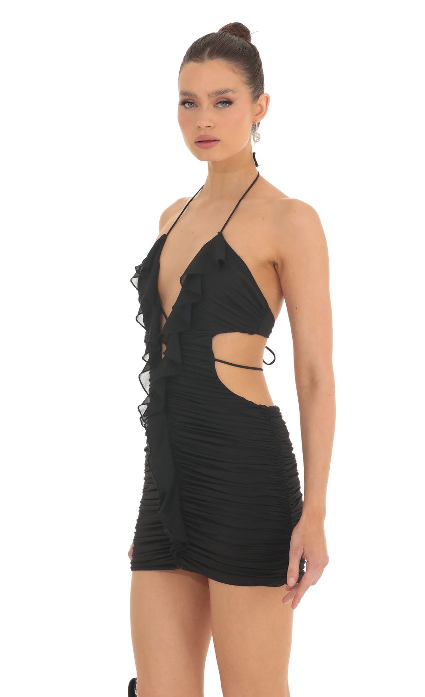 Picture Ruffled Plunge Cutout Dress in Black. Source: https://media-img.lucyinthesky.com/data/Feb23/850xAUTO/f351a8f1-8fd8-4ec2-8813-aed7af339e34.jpg