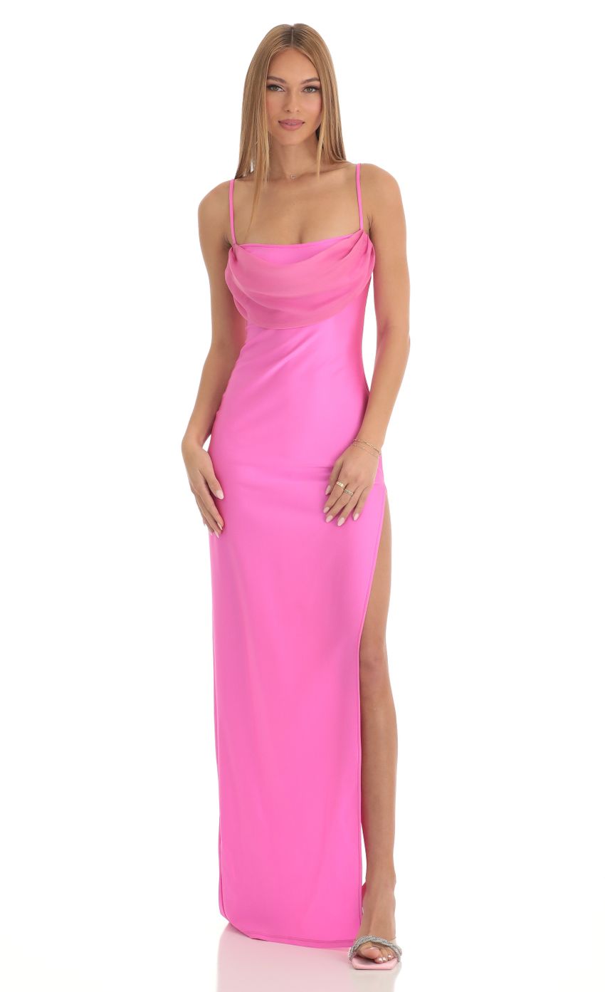 Picture High Slit Cowl Neck Maxi Dress in Hot Pink. Source: https://media-img.lucyinthesky.com/data/Feb23/850xAUTO/f6ce6d04-1b07-47da-a442-33e0dc89871a.jpg