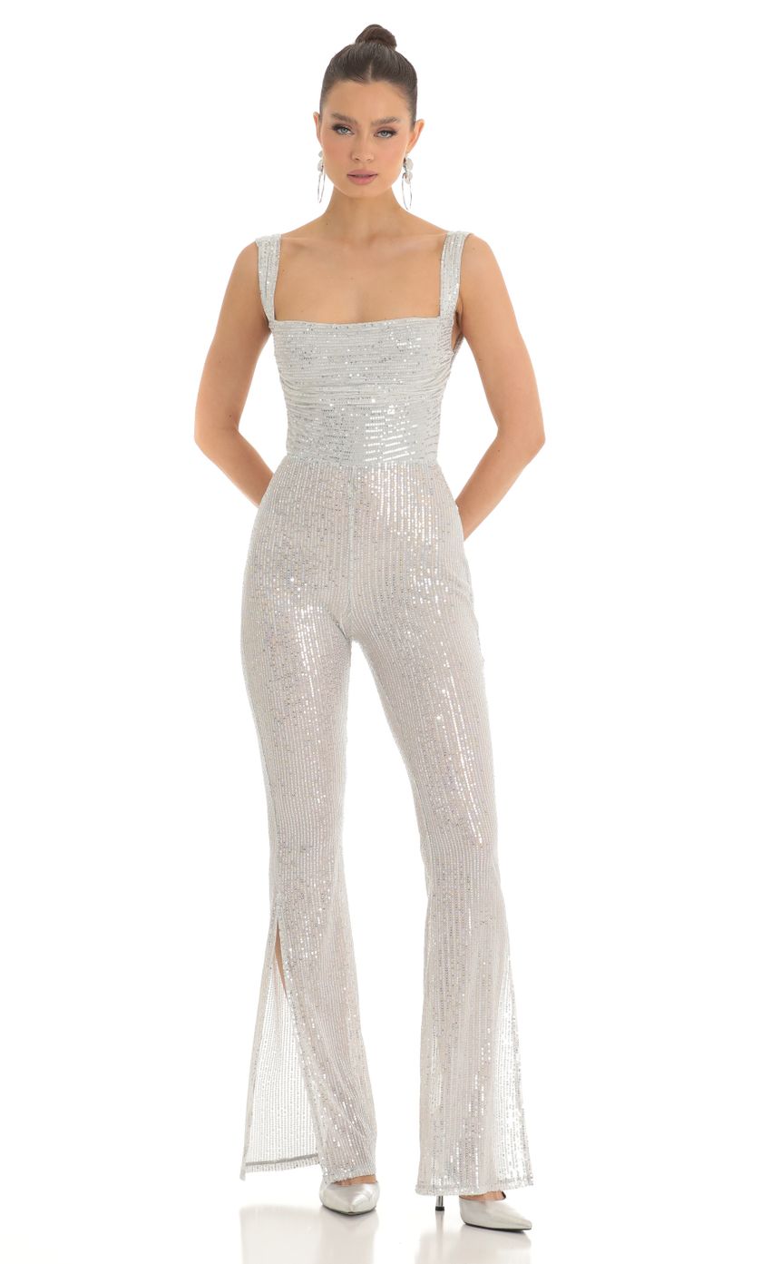Picture Sequin Wide Leg Slit Jumpsuit in Silver. Source: https://media-img.lucyinthesky.com/data/Feb23/850xAUTO/f8037b94-3790-4812-8ce0-46dacbf57a75.jpg