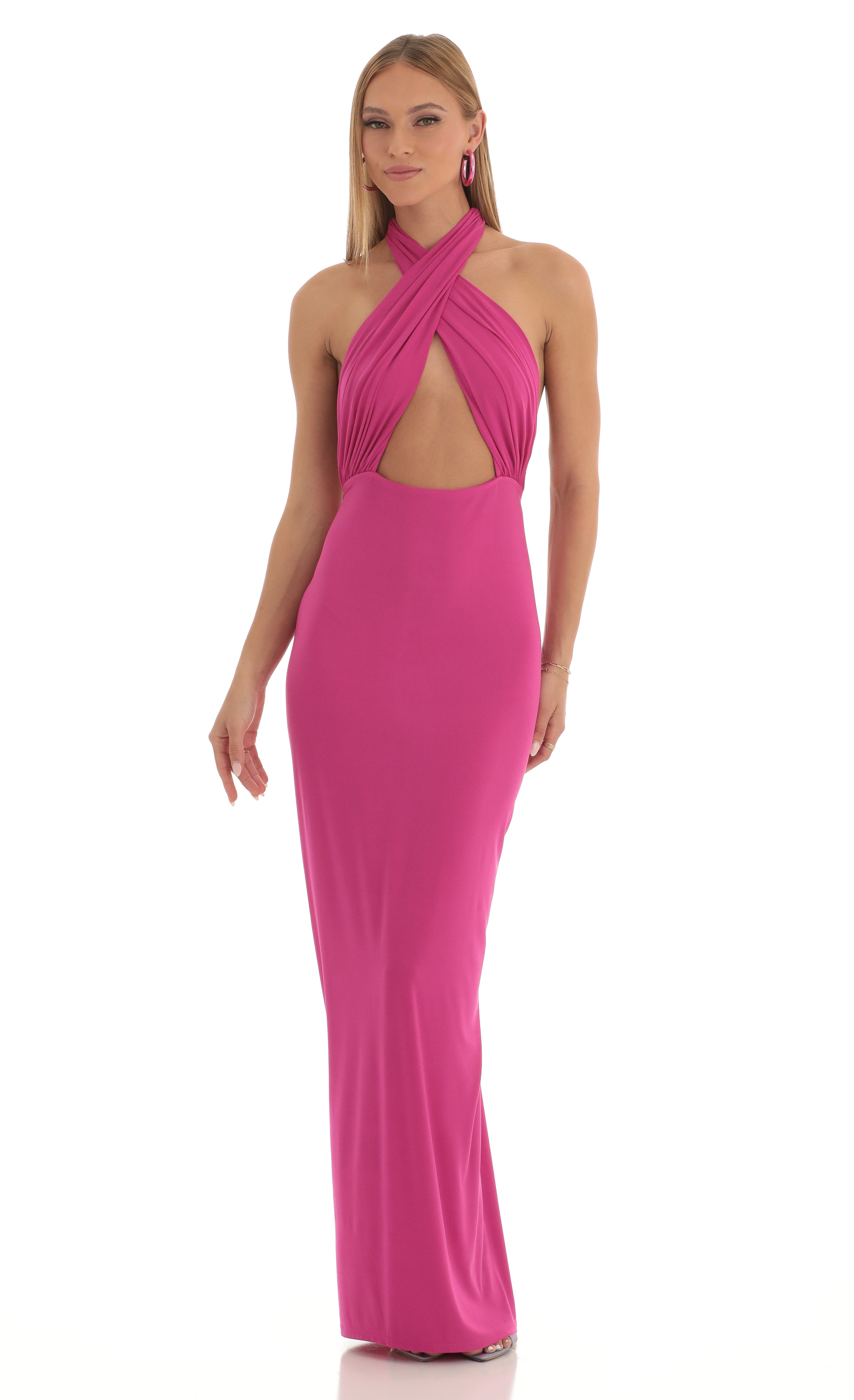 Front Cross Halter Maxi Dress in Pink