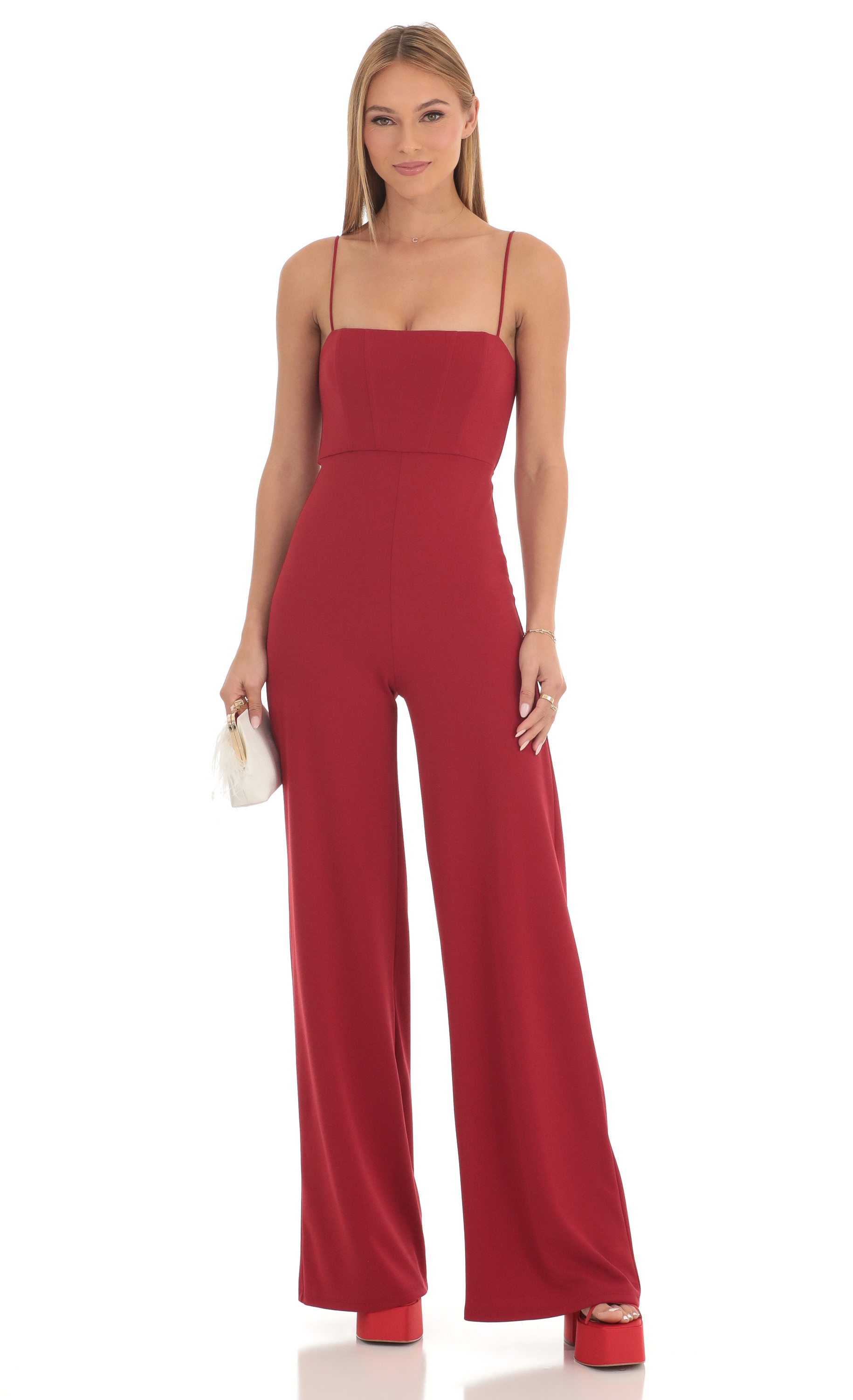 Wide Leg Corset Jumpsuit in Red