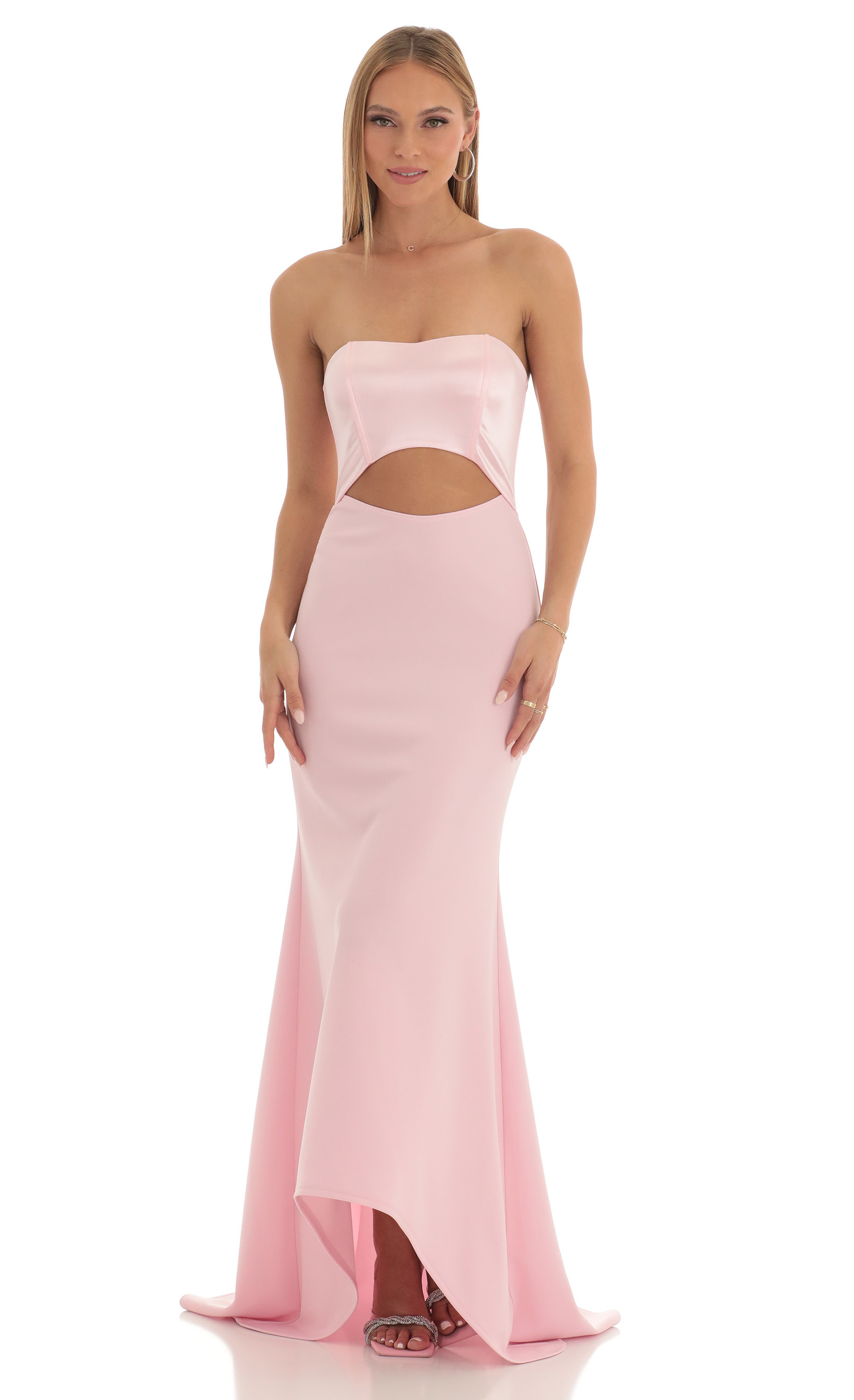 Satin Corset High Low Crepe Maxi Dress in Pink