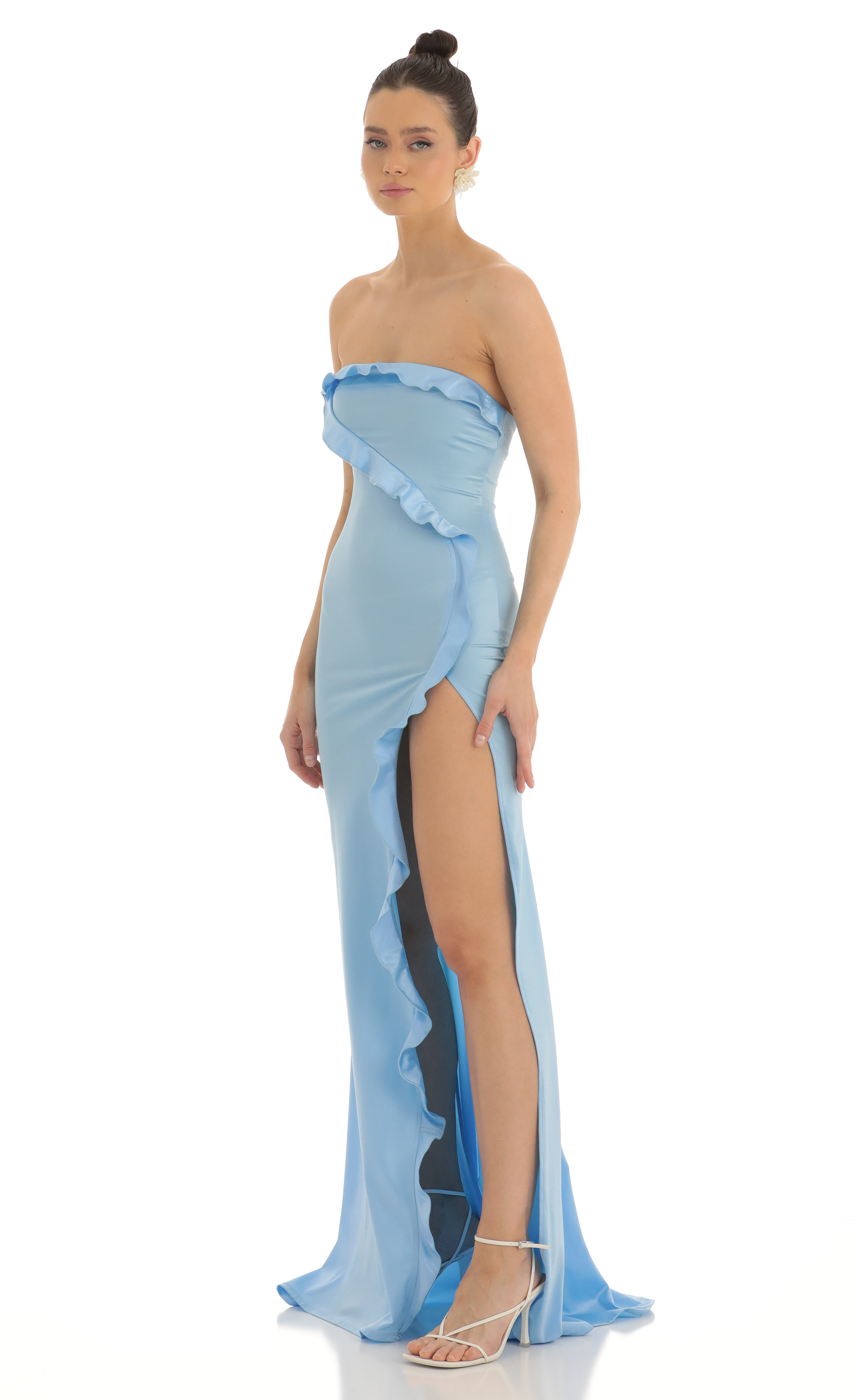 chinese dress ladies Royal Blue Strapless Pleated Top Maxi Dress With Slit