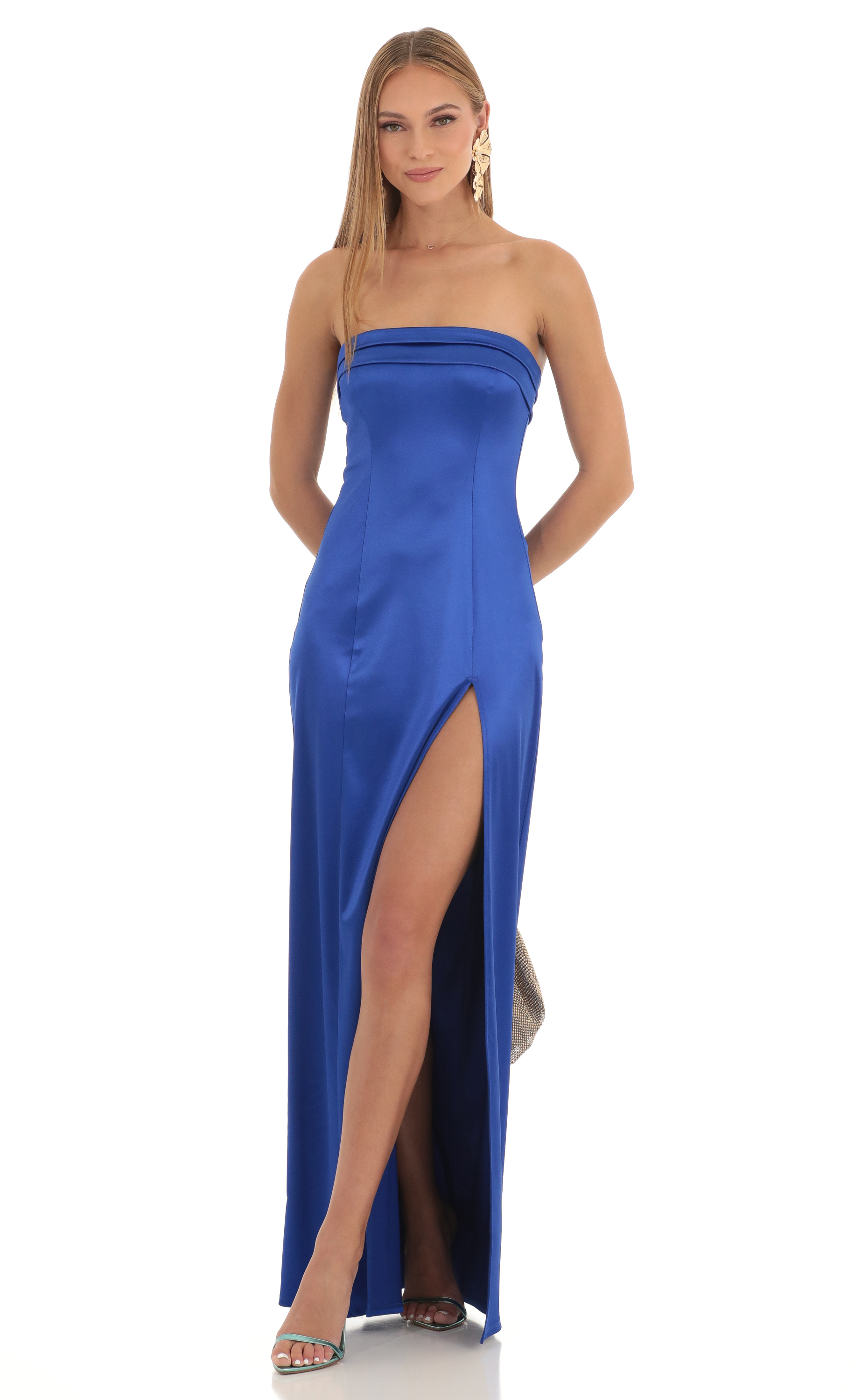 Satin Pleated Strapless Maxi Dress in Royal Blue
