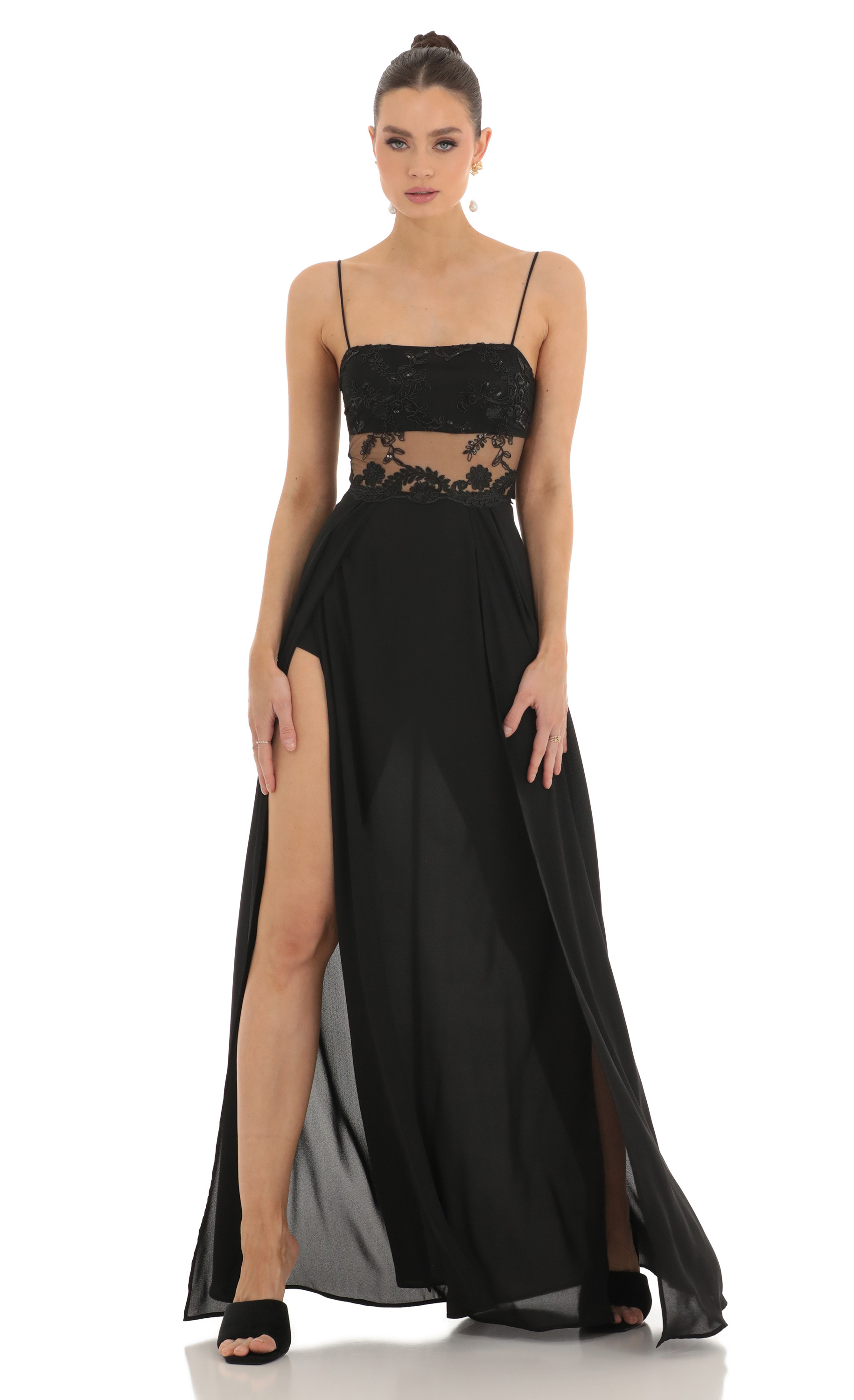 Lace Sequin Maxi Dress in Black