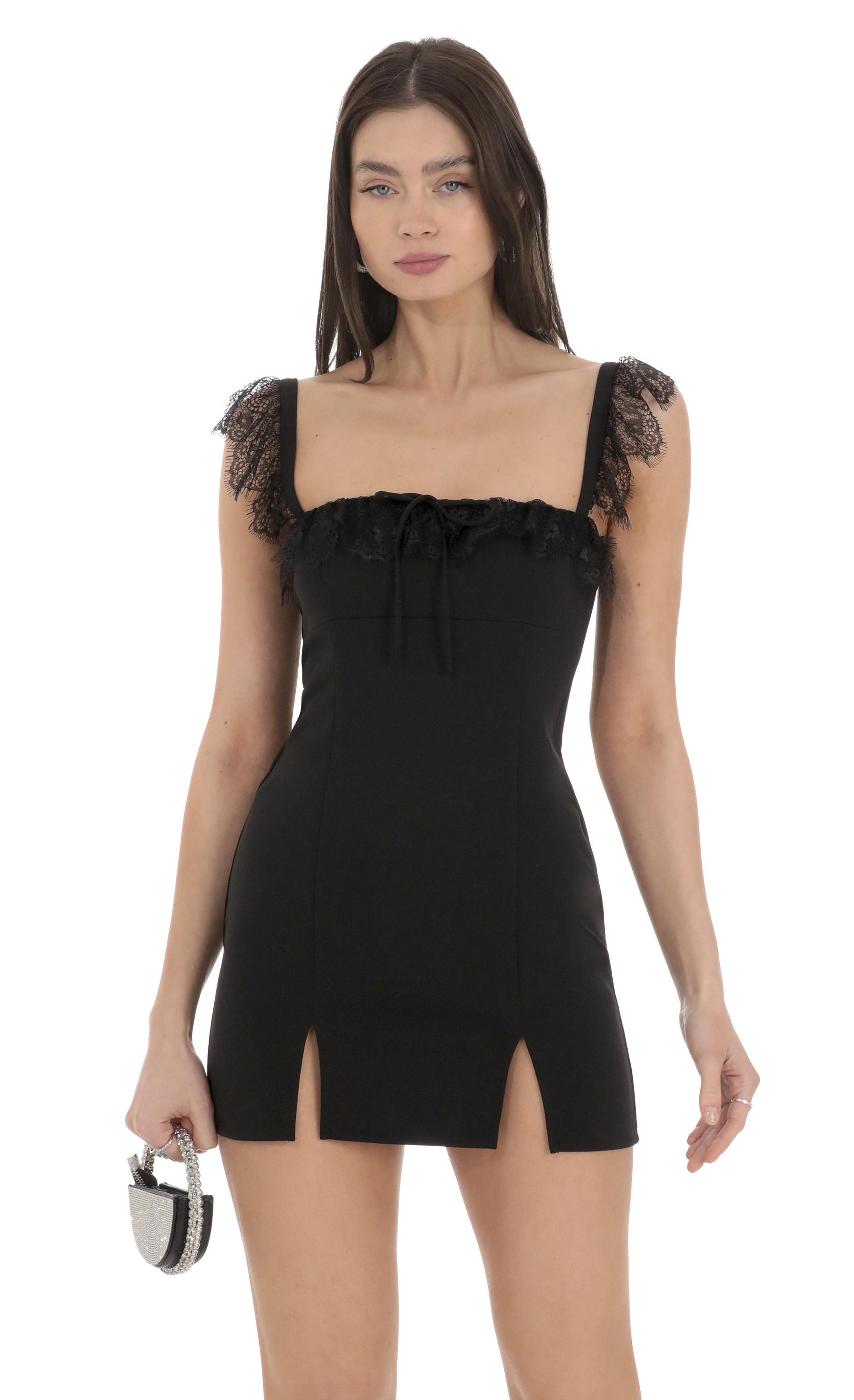 Lace Strap Double Slit Dress in Black