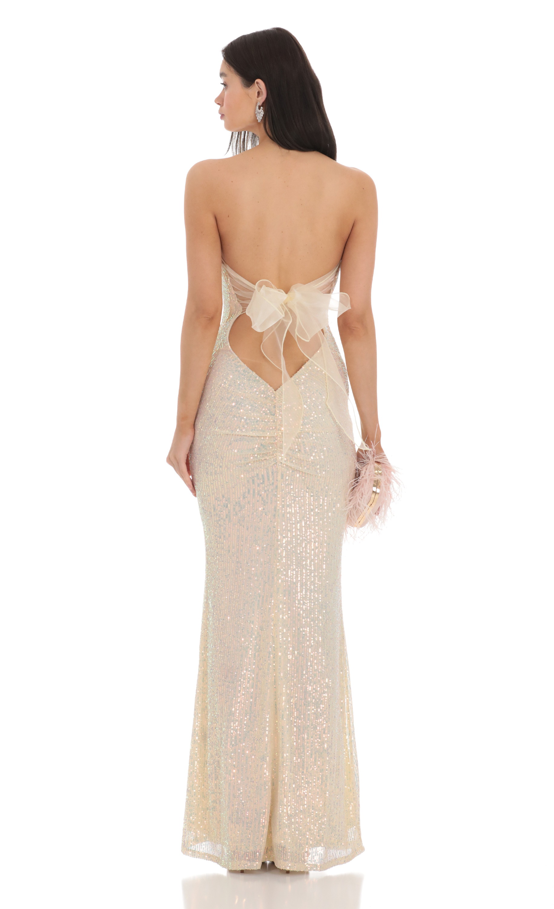 Iridescent Sequin Strapless Maxi Dress in Champagne