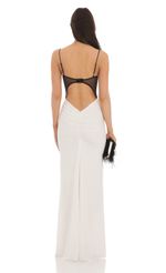 Picture Open Back Two-Toned Maxi Dress in White. Source: https://media-img.lucyinthesky.com/data/Feb24/150xAUTO/084bc8ff-d0ae-4f7d-bb98-2fafc1addb03.jpg