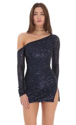 Picture Sequin One Off Shoulder Bodycon Dress in Navy. Source: https://media-img.lucyinthesky.com/data/Feb24/150xAUTO/1753c908-60ff-49db-a856-39857f1933f9.jpg