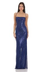Picture Sequin Mesh Maxi Dress in Blue. Source: https://media-img.lucyinthesky.com/data/Feb24/150xAUTO/583d5cae-8bfe-419a-89b6-9640bf1809cd.jpg