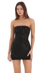 Picture Lace Silver Sequin Strapless Bodycon Dress in Black. Source: https://media-img.lucyinthesky.com/data/Feb24/150xAUTO/7ffcc6ef-126e-4437-b8ee-44c8db56ba74.jpg