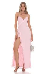Picture Ruffle V-Neck Maxi Dress in Pink. Source: https://media-img.lucyinthesky.com/data/Feb24/150xAUTO/82ca3744-9420-48de-bbd8-56b6c339775e.jpg