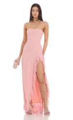 Picture Strapless Mesh Ruffle Maxi Dress in Pink. Source: https://media-img.lucyinthesky.com/data/Feb24/150xAUTO/92c15392-ea3a-4a39-a720-c9282f0d247c.jpg