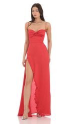 Picture Satin Front Twist Strappy Maxi Dress in Red. Source: https://media-img.lucyinthesky.com/data/Feb24/150xAUTO/c2828821-b1d2-4c25-84d3-928139bc9292.jpg