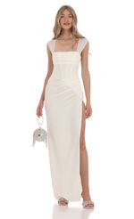 Picture Mesh Draped Corset Maxi Dress in White. Source: https://media-img.lucyinthesky.com/data/Feb24/150xAUTO/c70a9e0a-53f6-4bf3-8a91-62c035f7e5c2.jpg